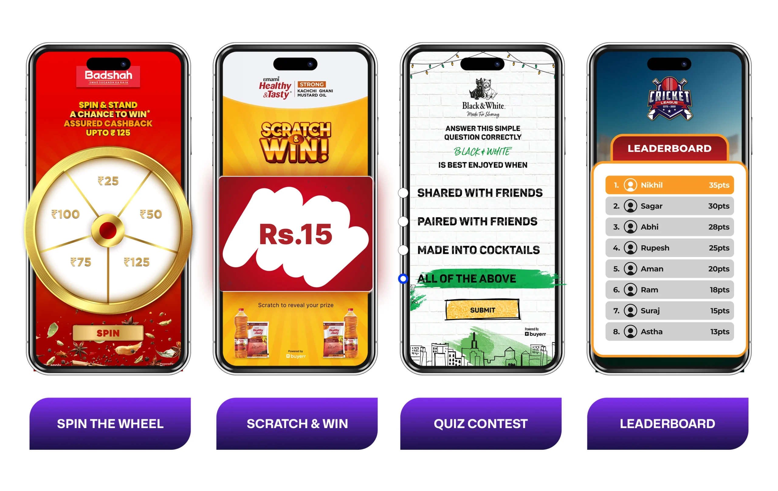 Gamified consumer promotion campaign ideas including Spin the Wheel, Scratch & Win, Quiz Contests, and Leaderboard formats to boost engagement and sales.
