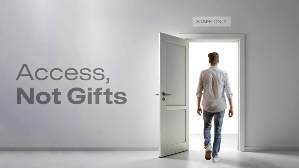 Person entering a staff-only door representing exclusive access instead of physical gifts & Experiential Rewards.
