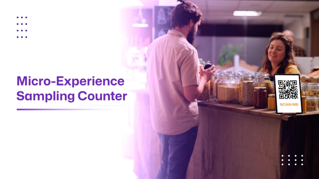 In-store sampling counter with customers interacting and scanning QR code for rewards