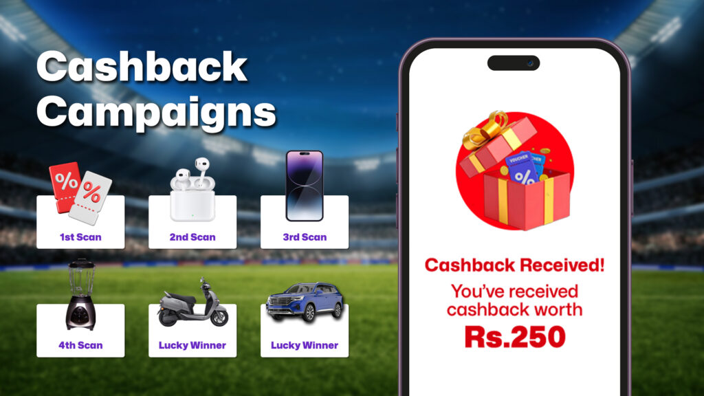 IPL cashback campaign with reward stages including cashback, gadgets, and prizes on mobile