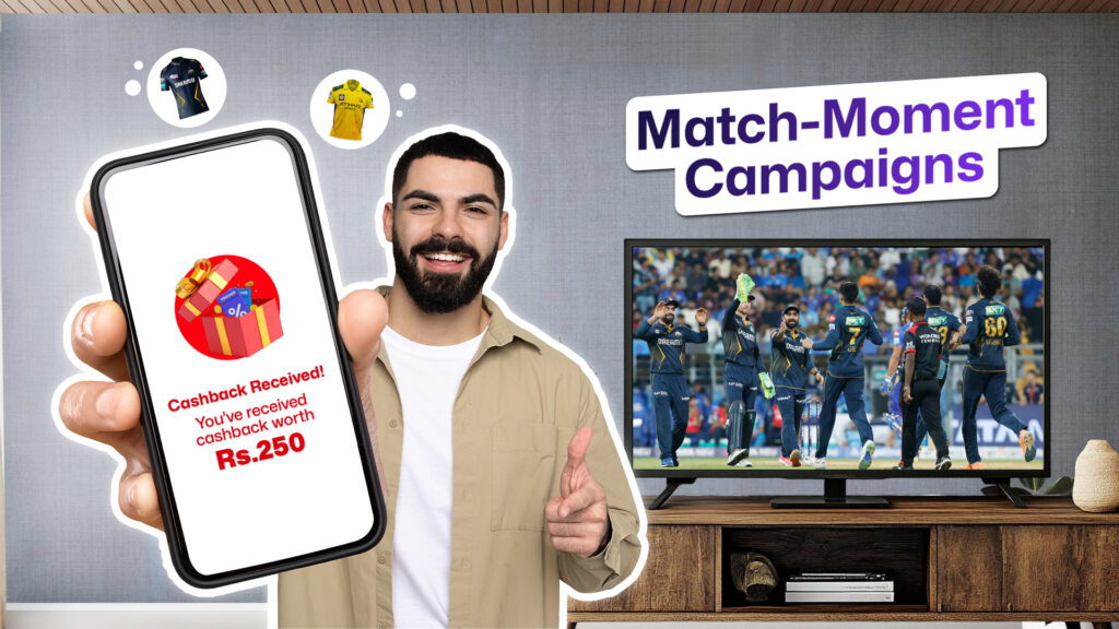 Match-moment IPL campaign showing cashback reward on mobile during live cricket match