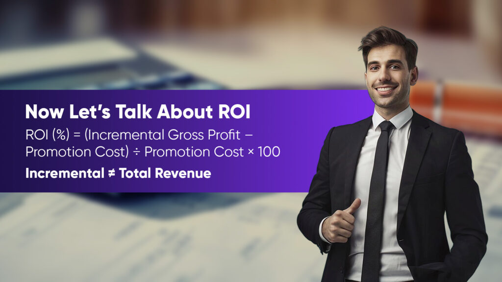 A professional in a suit giving a thumbs up next to the mathematical formula for calculating Incremental ROI for promotions in marketing.