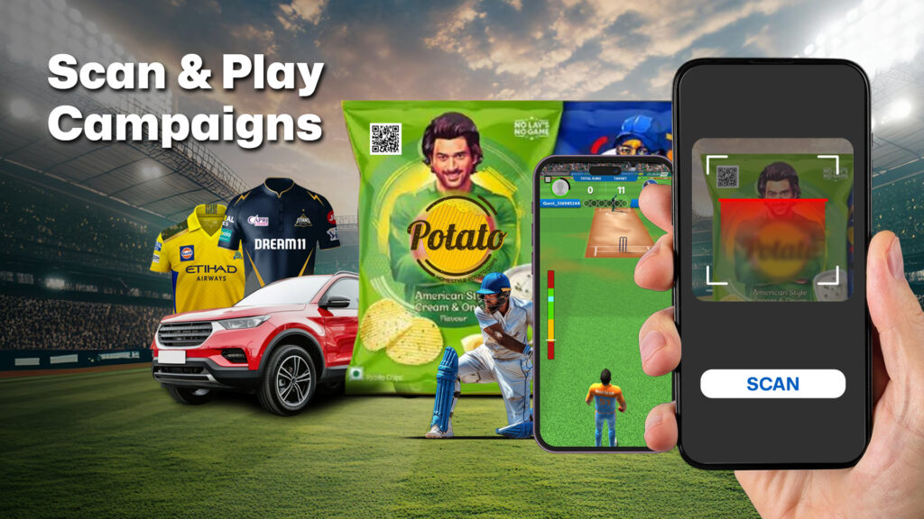 Scan and play IPL campaign using QR code on product packaging with cricket game interface