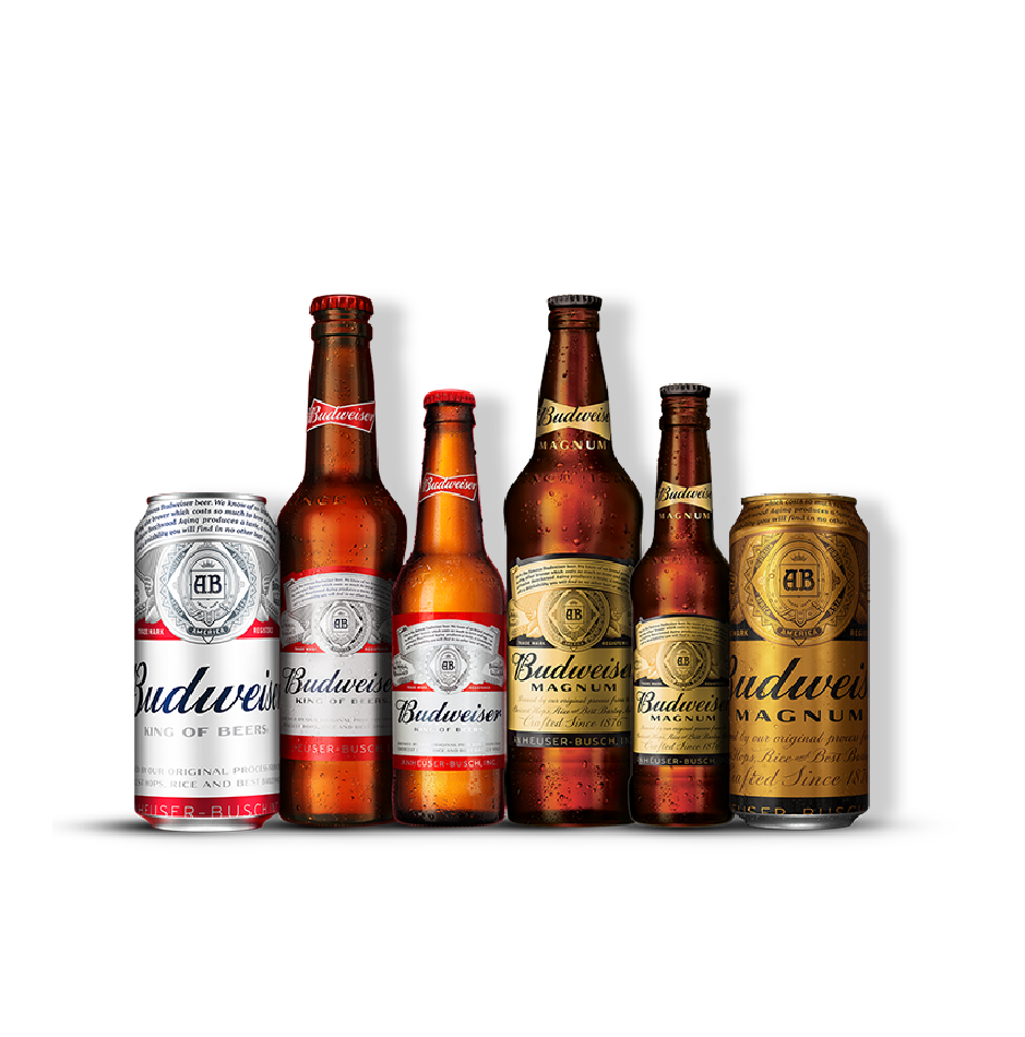 A collection of Budweiser beer products, including silver and gold cans alongside various glass bottles of Budweiser and Budweiser Magnum, displayed against a white background.