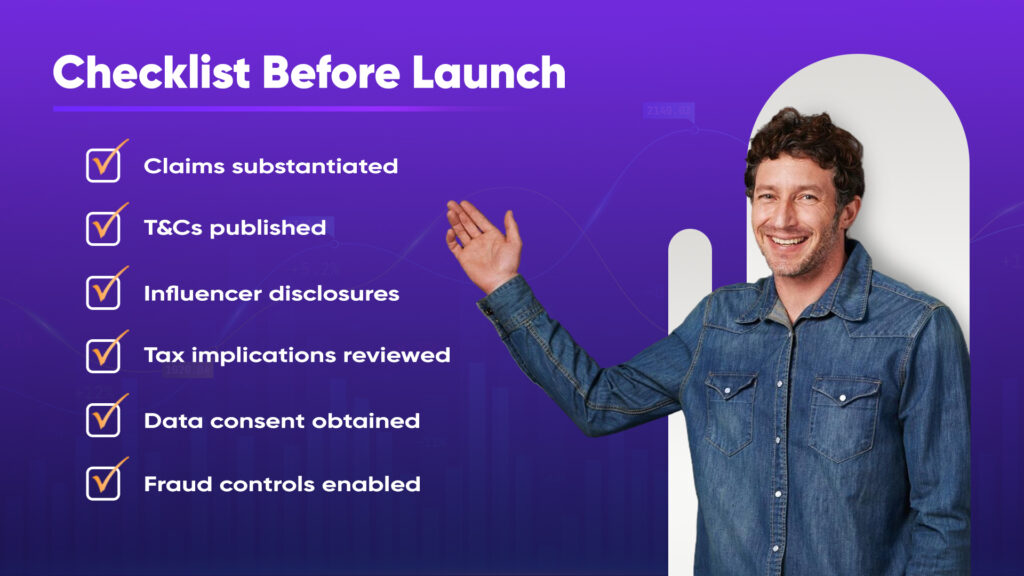 Purple slide titled "Checklist Before Launch" listing six consumer promotion compliance requirements: claims substantiated, T&Cs published, influencer disclosures, tax implications reviewed, data consent obtained, and fraud controls enabled.