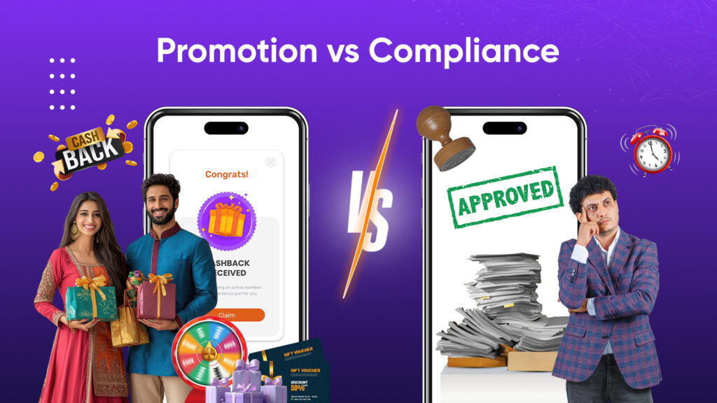 Split graphic comparing a rewarding consumer promotion experience on the left with a stack of compliance paperwork and an approval stamp on the right.