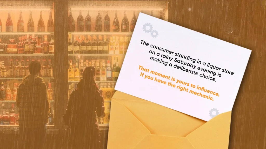 Couple browsing a liquor store in monsoon rain showing that the deliberate purchase moment during the monsoon season can be influenced by the right alcobev promotion mechanic such as on-pack assured rewards or UPI cashback offers.