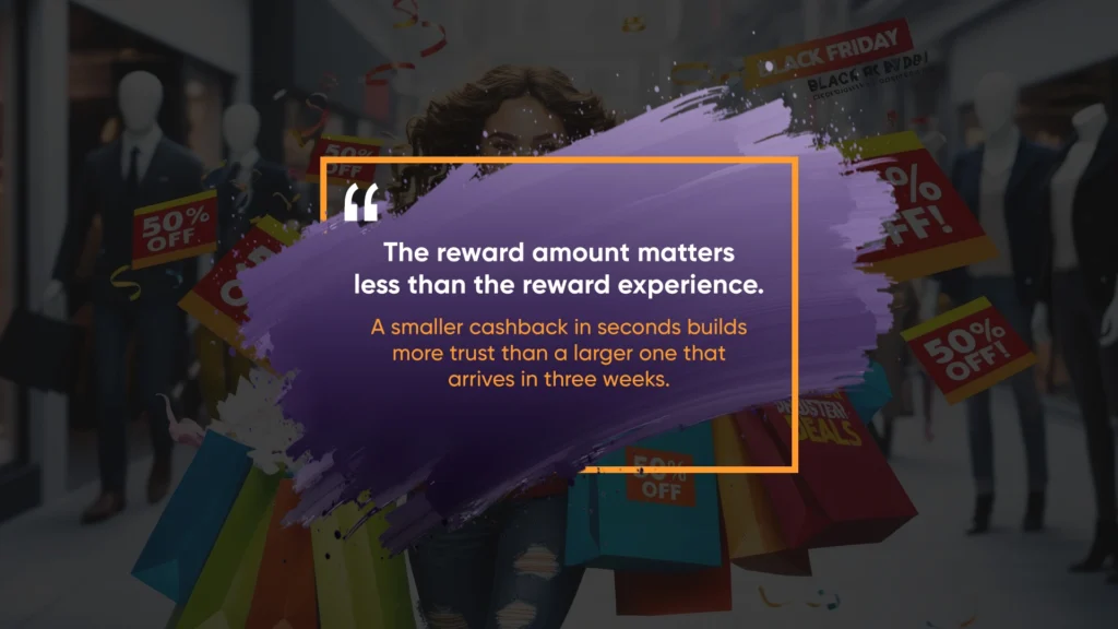 Retail shopping background with promotional discount signs and quote about customer reward experience.