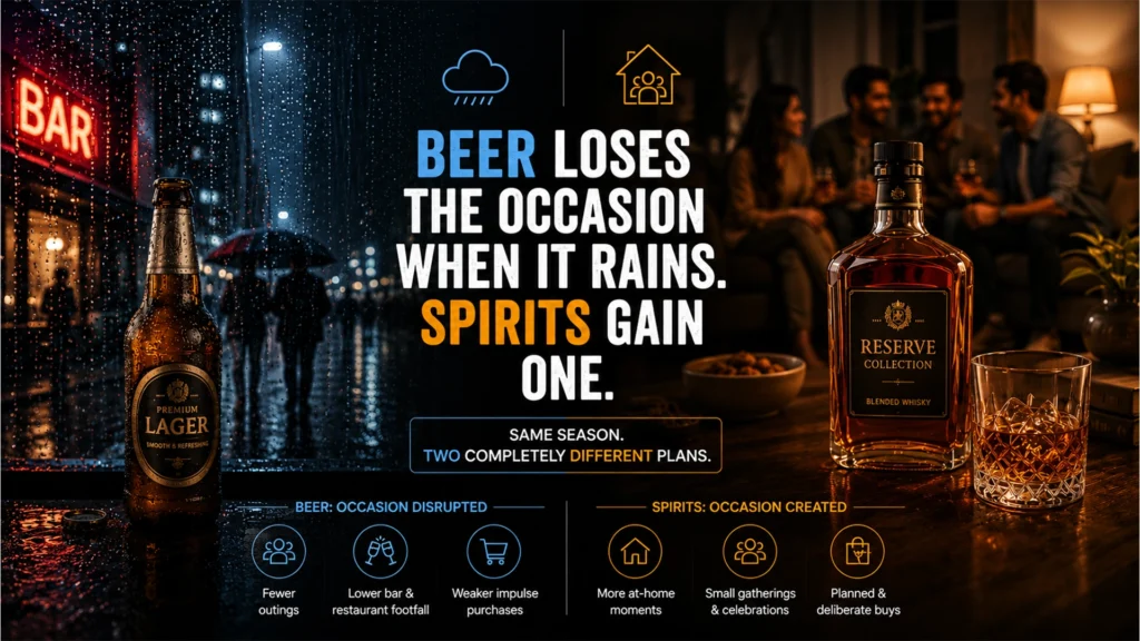 Beer loses the occasion when it rains spirits gain one — monsoon marketing strategy for alcobev brands India