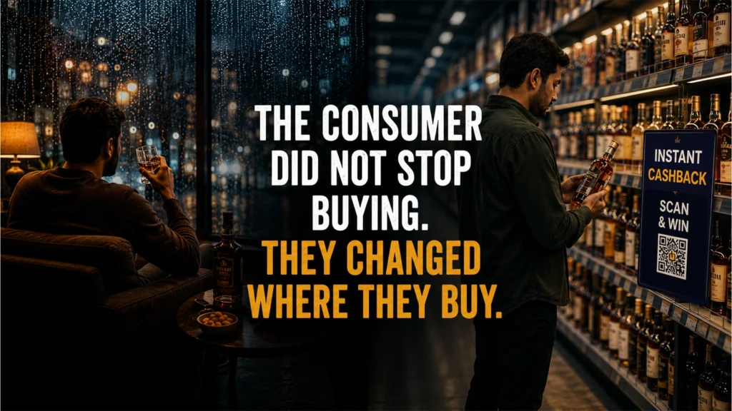 Monsoon consumer shifted from on-trade bar to off-trade retail liquor store with instant cashback scan and win promotion