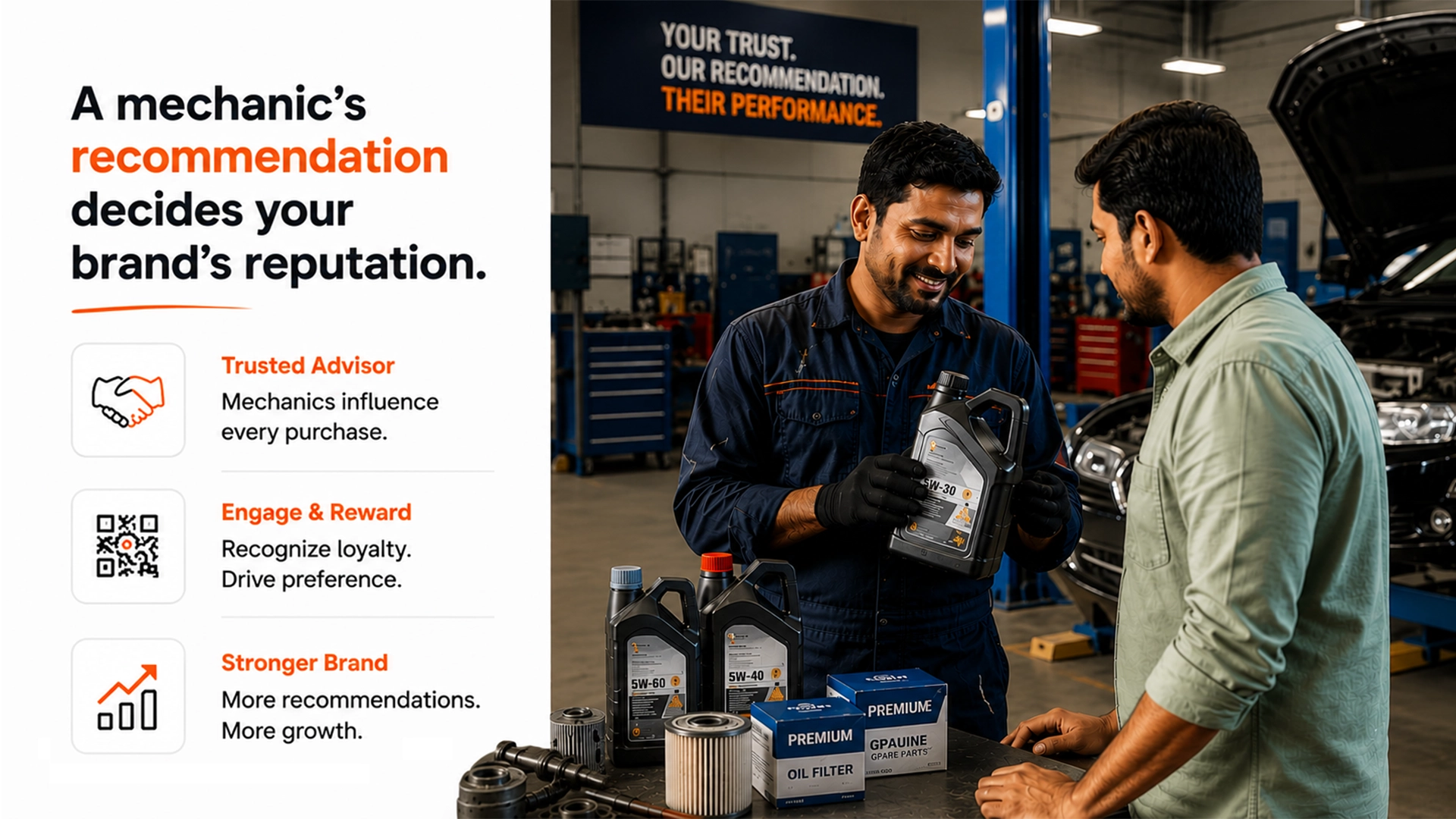 A Mechanic’s Recommendation Decides Your Brand’s Reputation Mechanic recommending engine oil to a customer, showing why a mechanic loyalty program matters