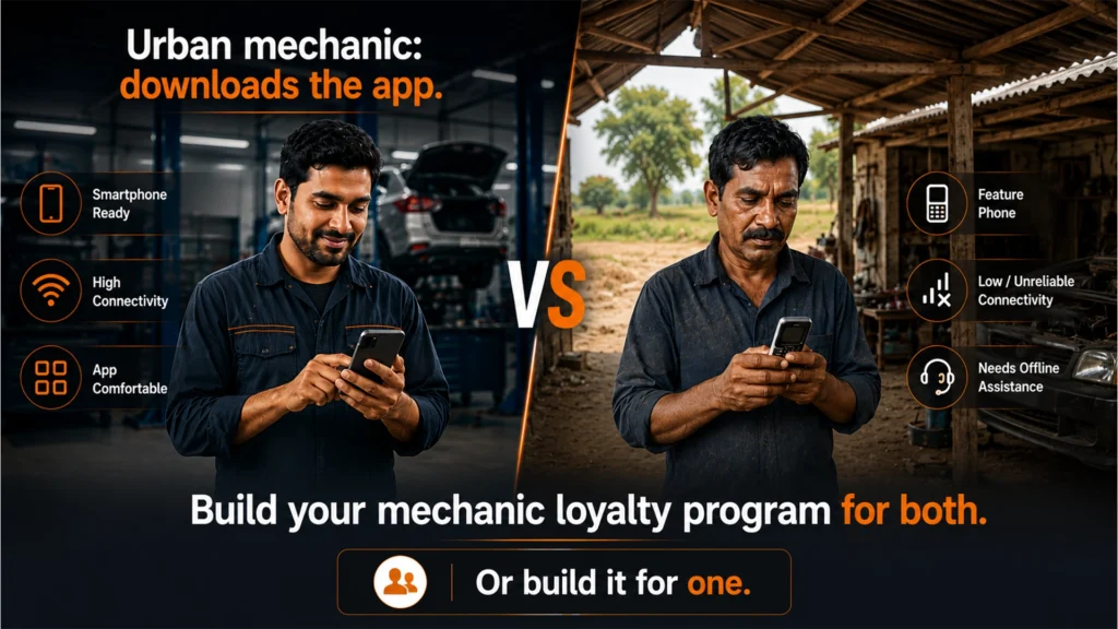 Urban and rural mechanics showing why a mechanic loyalty program needs app and offline pathways