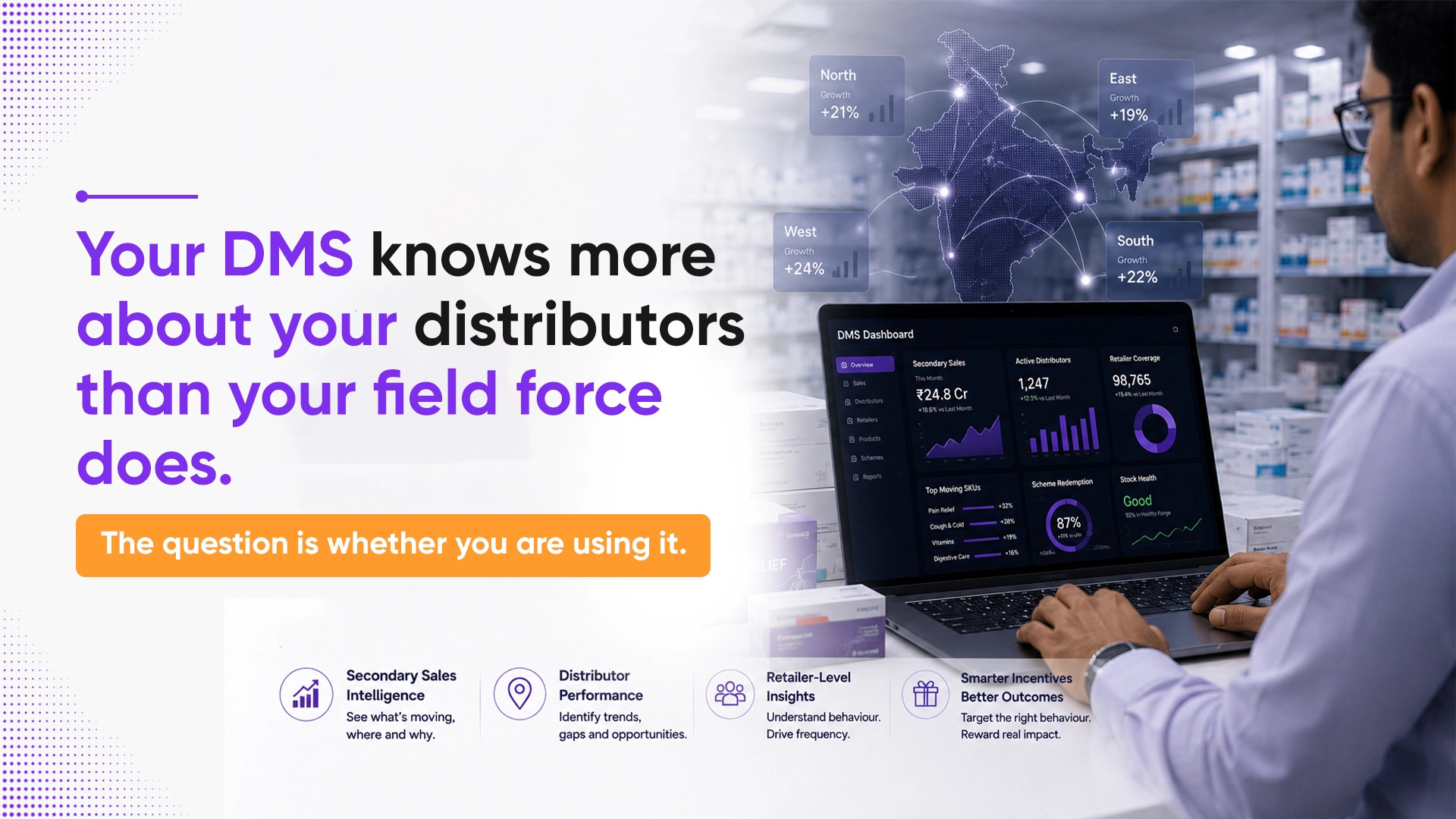 Distributor Incentive Program Smarter Incentives with DMS Data Pharmaceutical manager reviewing distributor performance dashboards to optimize a distributor incentive program using DMS insights and real-time sales data.