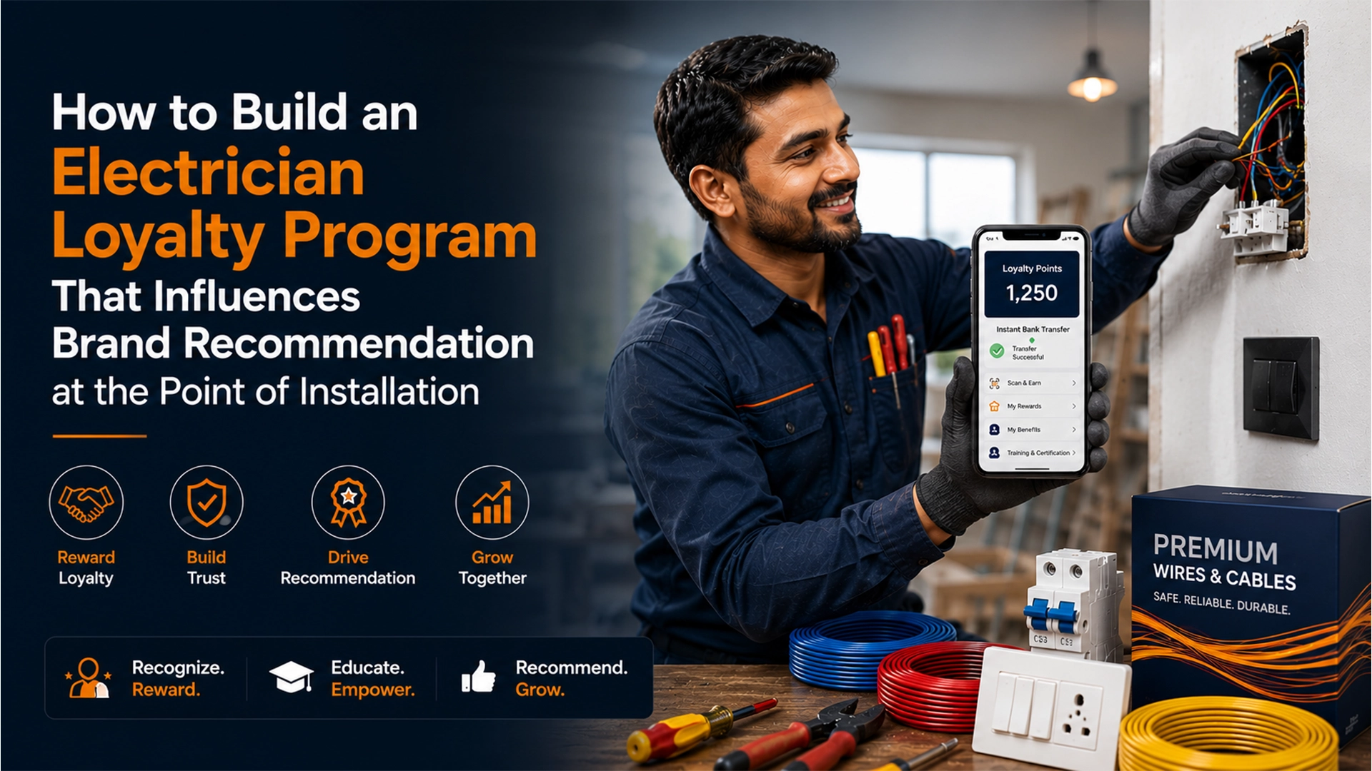 How to Build an Electrician Loyalty Program That Influences Brand Recommendation at the Point of Installation Electrician wiring a switchboard beside an electrician loyalty program app showing points and instant bank transfer