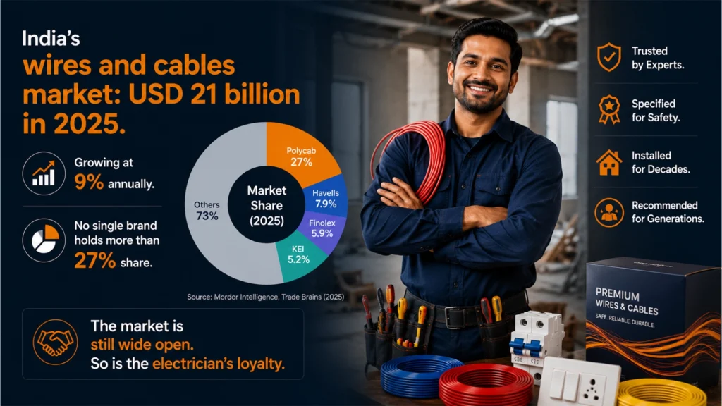 India wires and cables market size and brand share breakdown for 2025 showing no brand above 27 percent