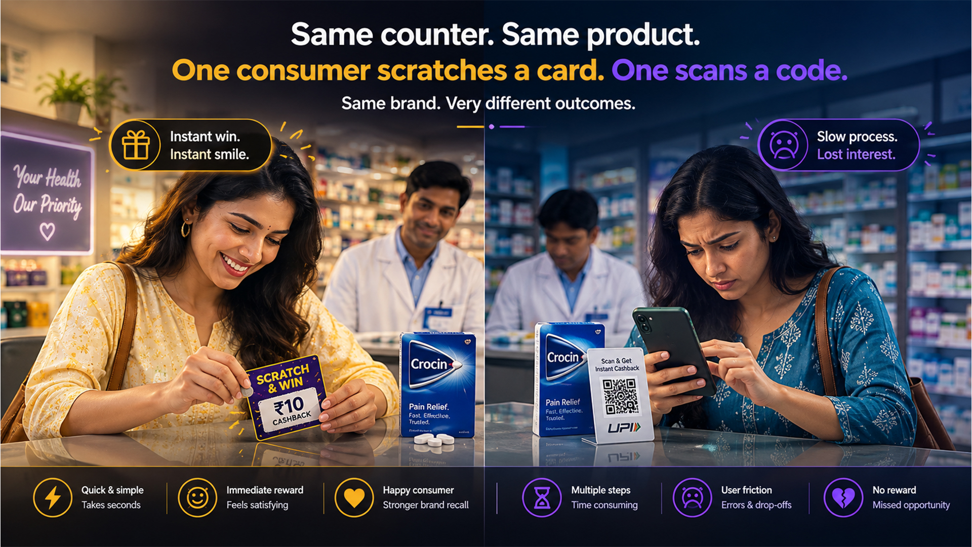 OTC Promotion Mechanic India — Same Counter, Same Product, Very Different Outcomes Same counter same product — one consumer scratches a card one scans a code — OTC promotion mechanic India comparison of scratch card vs UPI cashback outcomes