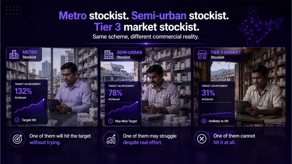 Metro, semi-urban and Tier 3 market stockists with same pharma distributor incentive program India — same scheme, different commercial reality and target achievement