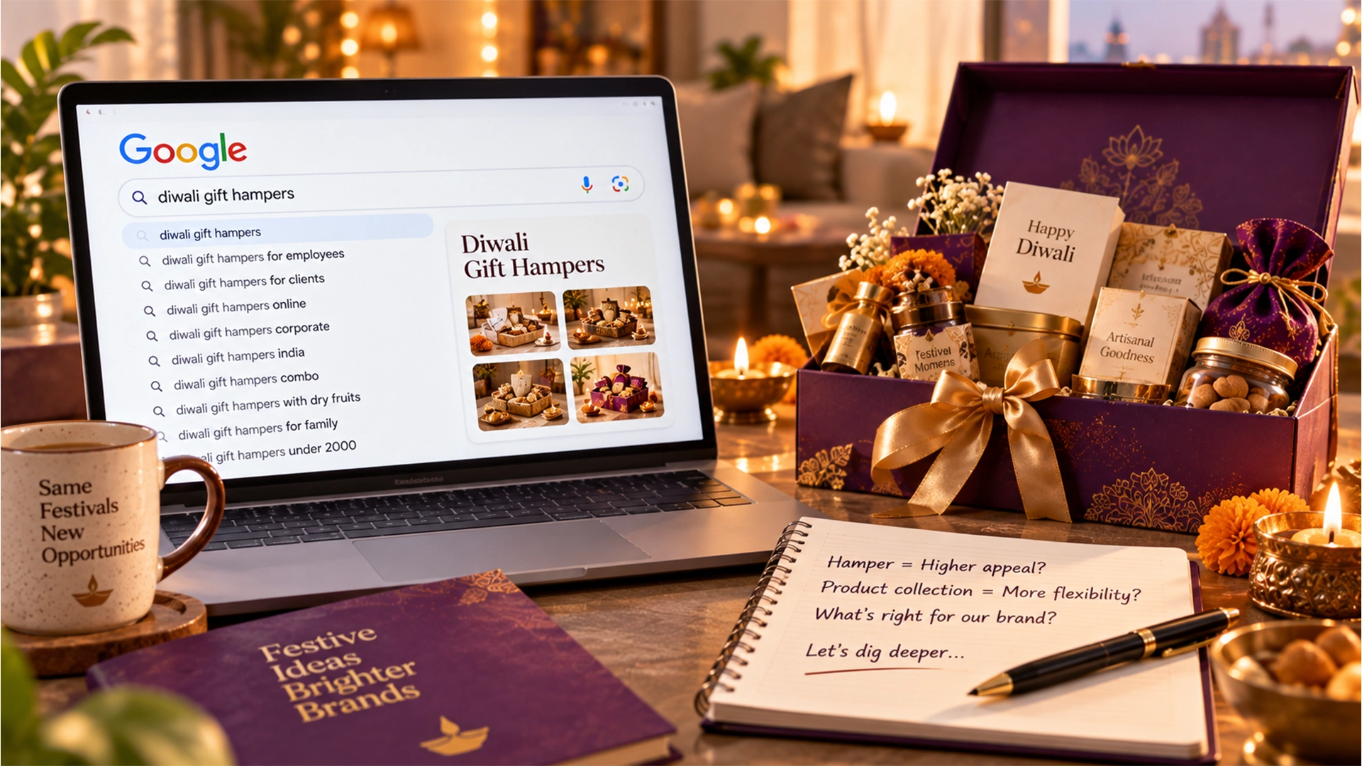 Diwali gift hampers India is the highest-searched gifting query on Google every October — laptop showing Google search results alongside a curated Diwali hamper
