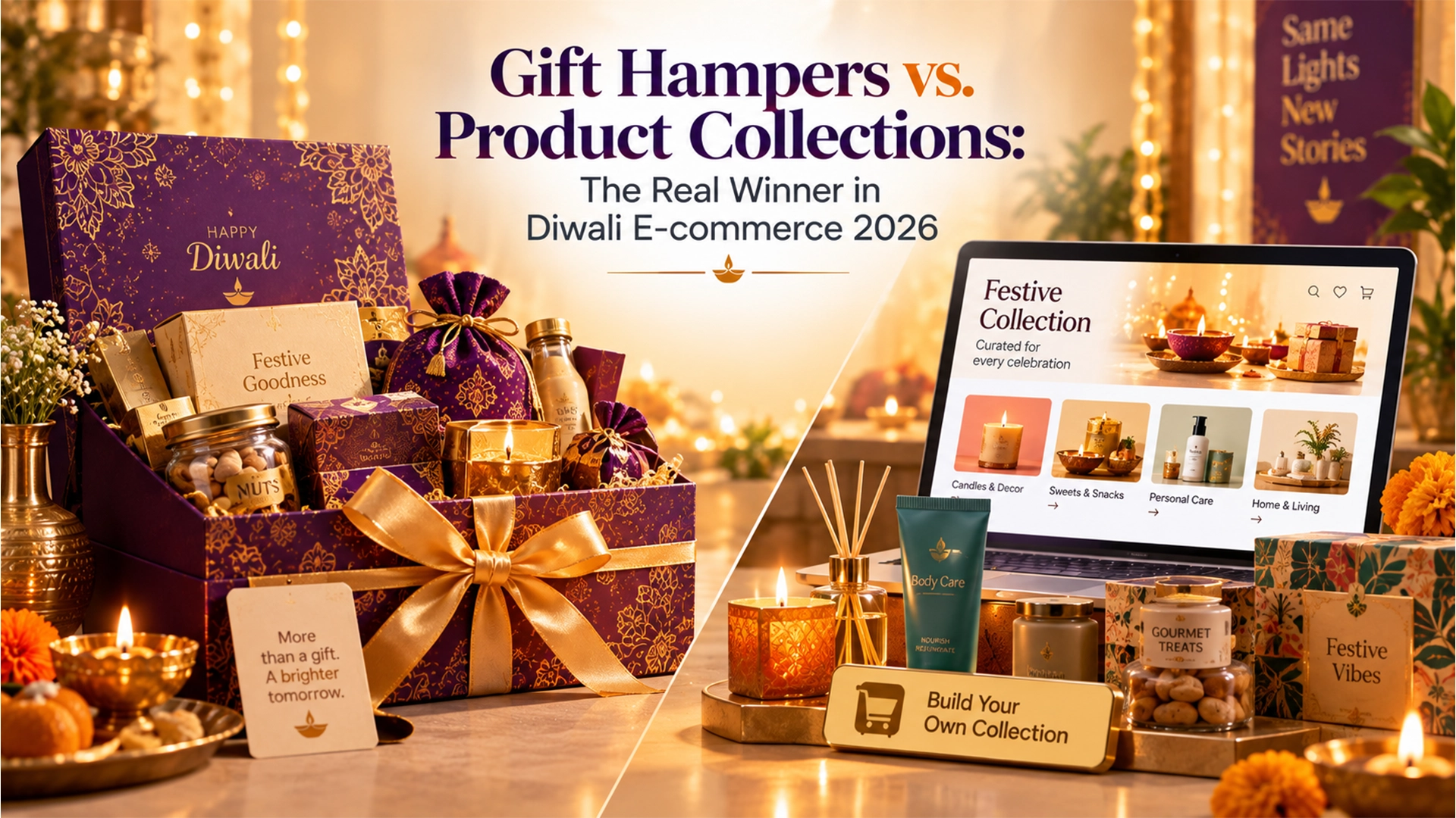 Diwali Gift Hampers India 2026 — Gift Hampers vs Product Collections The Real Winner in Diwali E-commerce Diwali gift hampers India 2026 — gift hampers vs product collections showing curated festive hamper and e-commerce festive collection side by side