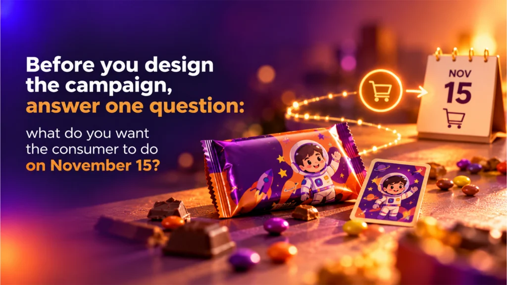 Children's Day marketing India campaign design week — candy pack with collectible character card and November 15 calendar question mark