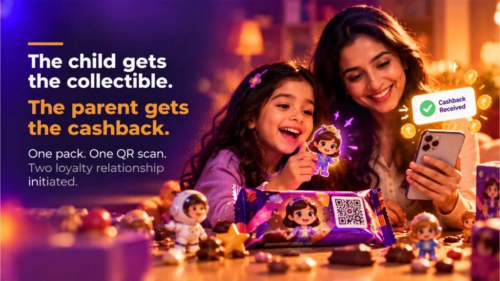 Children's Day marketing India dual reward QR mechanic — mother and daughter scanning pack QR code with UPI cashback confirmation on phone